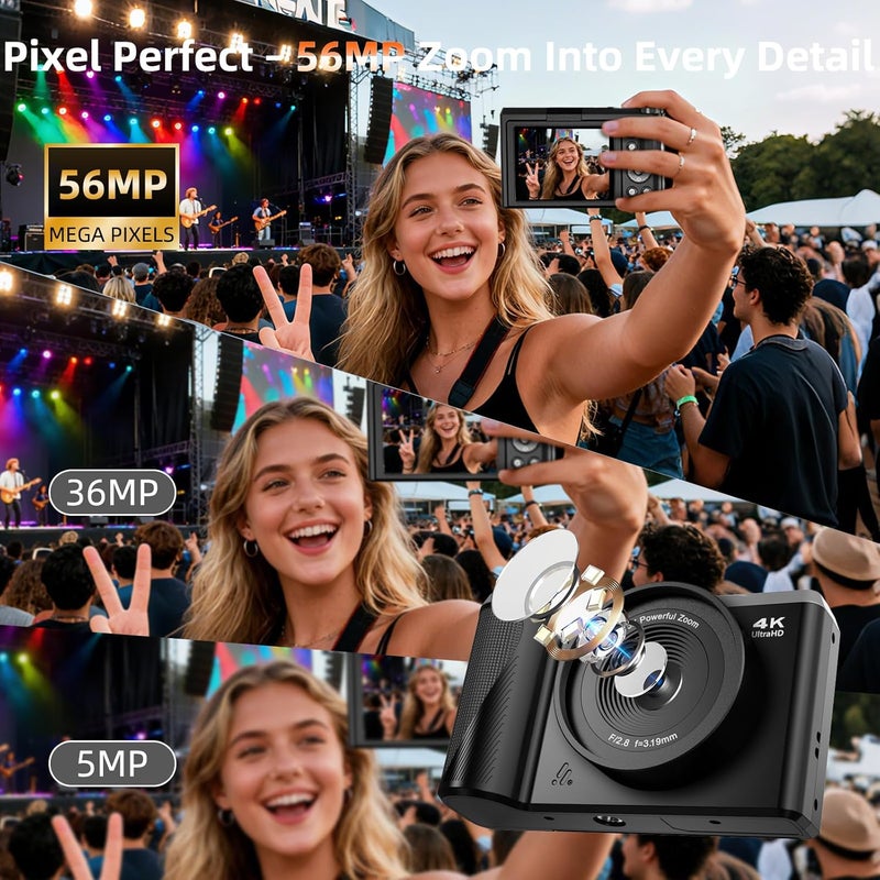 Kasukani كاميرا رقمية 4K للتصوير والفيديو، كاميرا فلوغينغ بدقة 56MP مع تركيز تلقائي لليوتيوب، شاشة قابلة للطي 3" بزاوية 180° وزوم رقمي 16X، كاميرات سفر مدمجة مع بطاقة SD سعة 32GB للمبتدئين والبالغين - Image 2